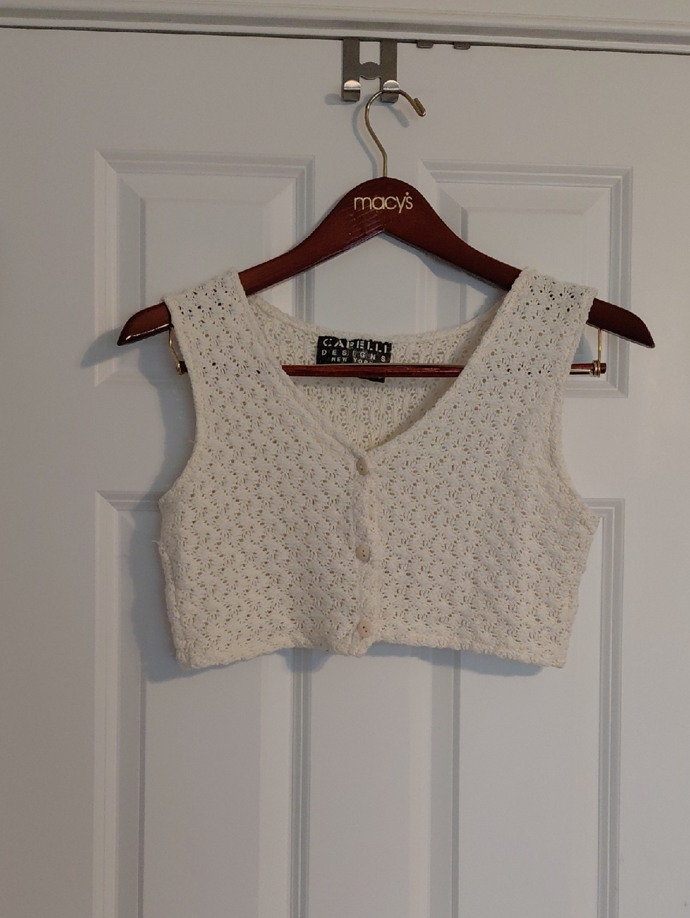 Capelli of New York Cream Cropped Crochet Button-Front Tank, Size S